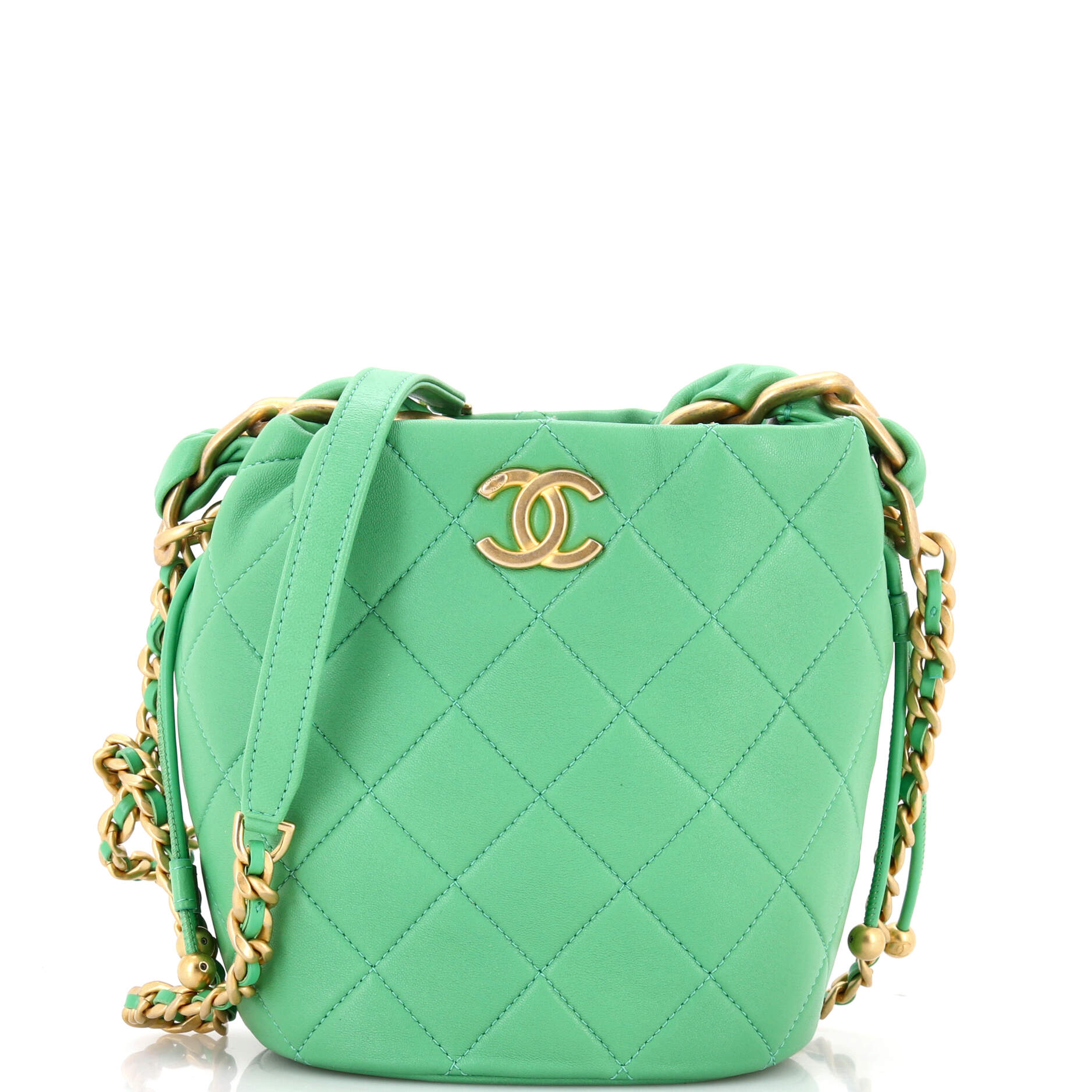 Chanel Entwined Chain Top Handle Drawstring Bucket Bag Quilted Shiny Lambskin Small