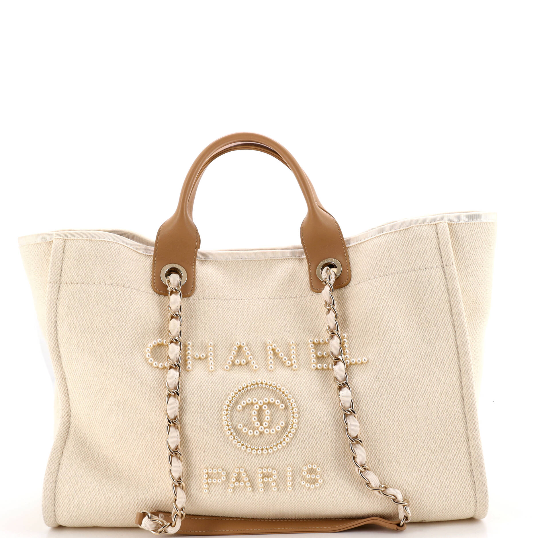 Chanel Deauville Tote Pearl Embellished Canvas Medium