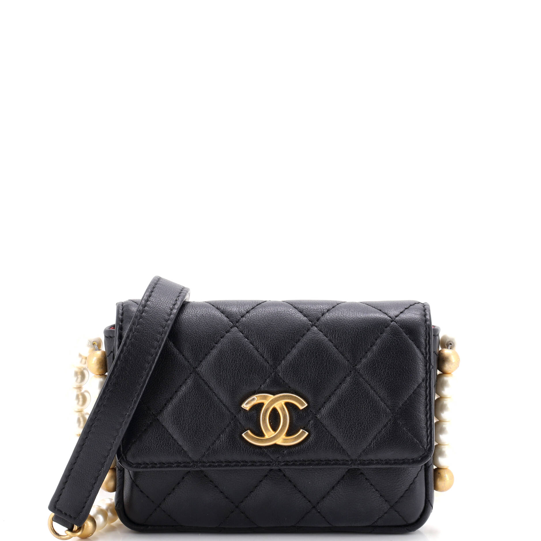 Chanel About Pearls Flap Card Holder with Chain Quilted Calfskin