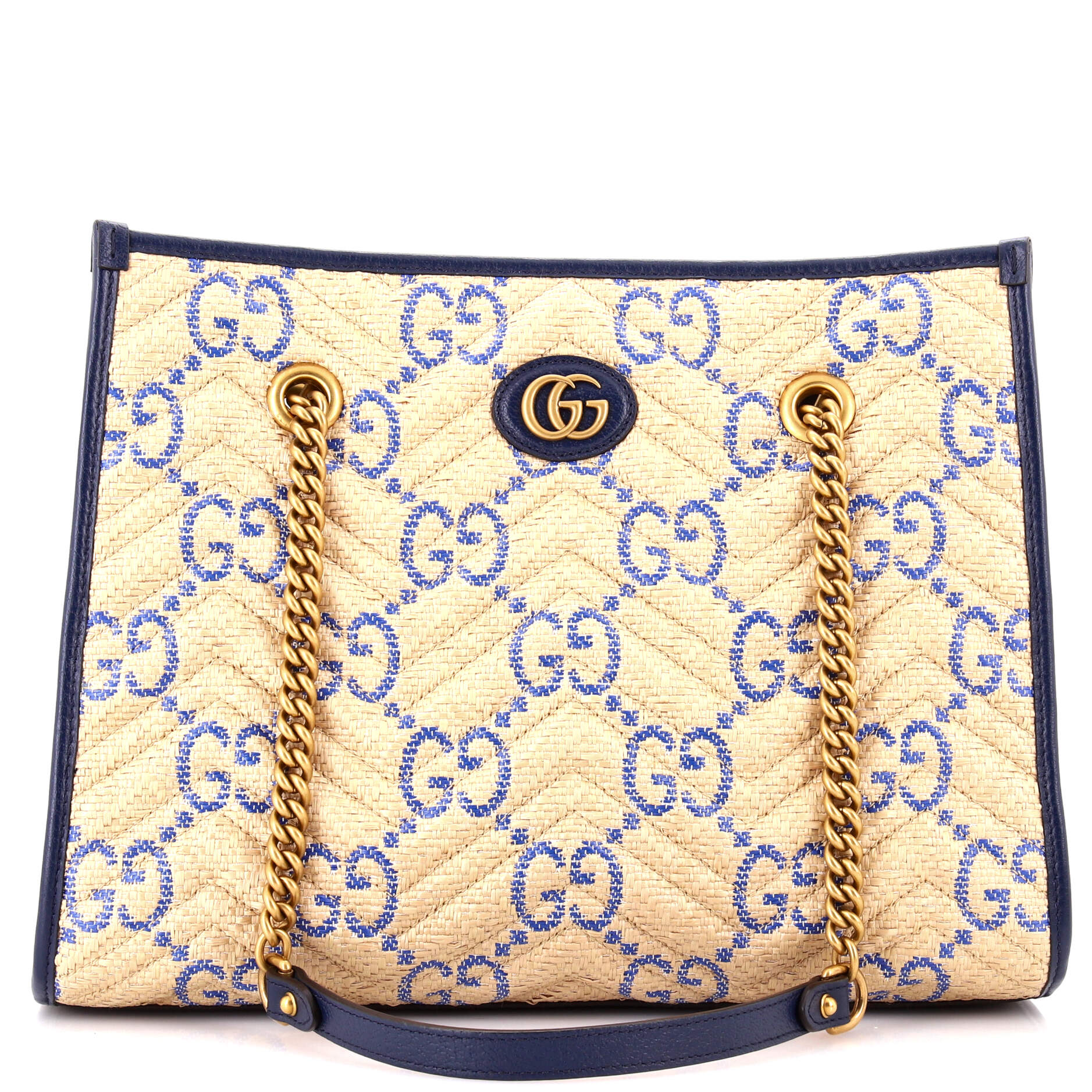 Gucci GG Marmont Aria Chain Shopping Tote Jumbo GG Matelasse Raffia Medium