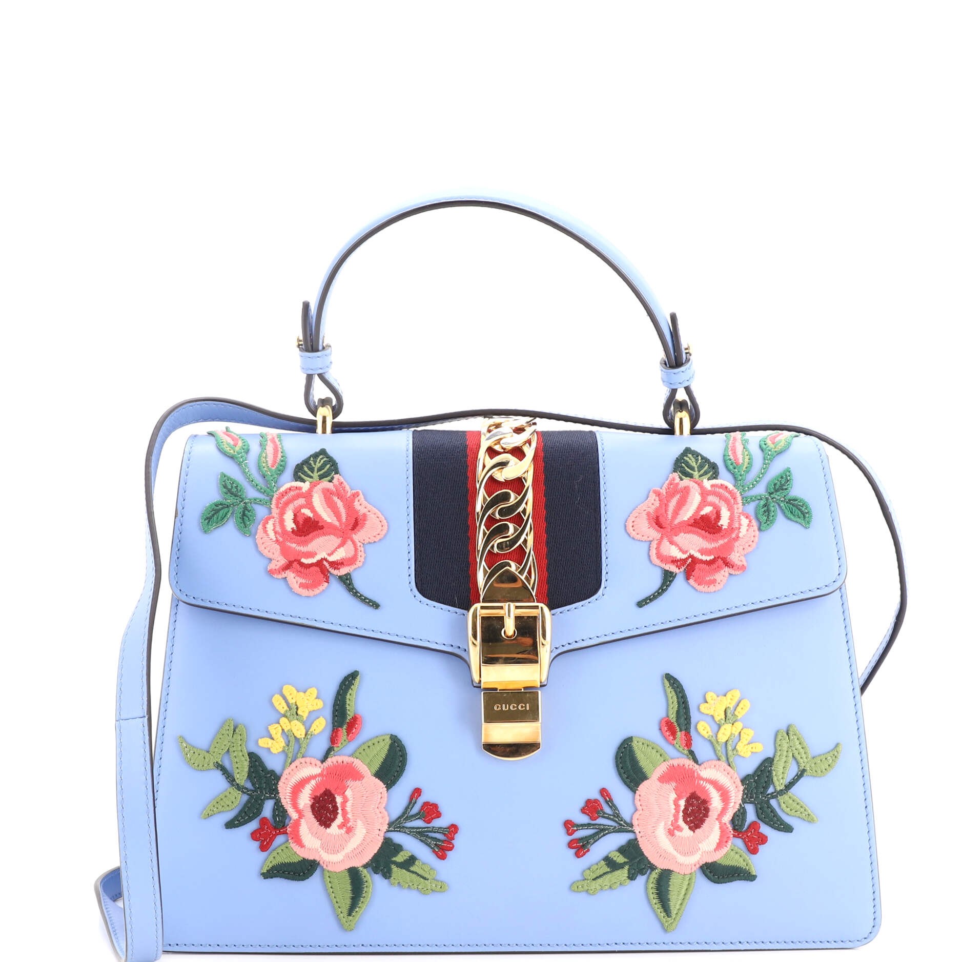 Gucci Sylvie Top Handle Bag Embroidered Leather Medium