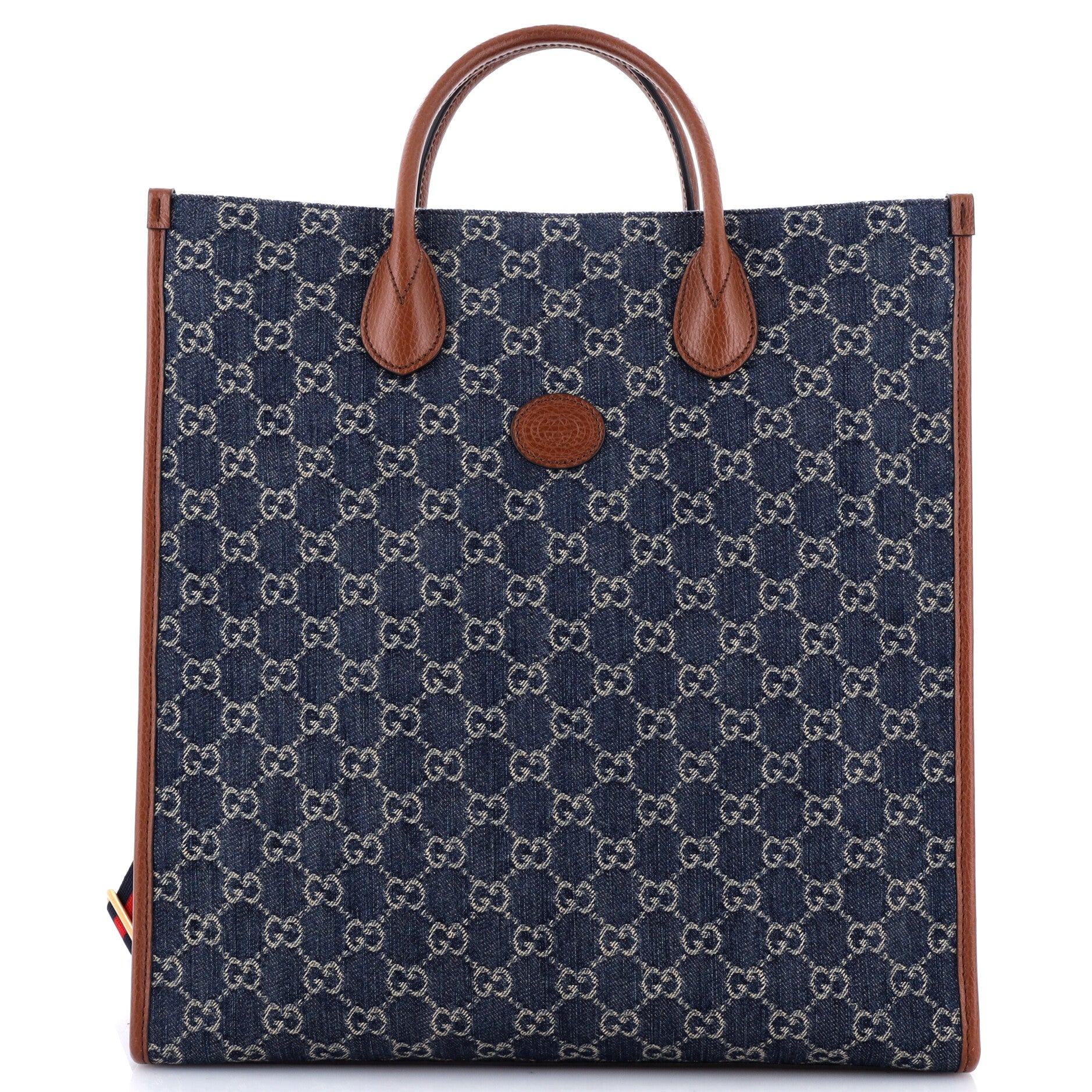 Gucci Interlocking G Patch Web Strap Convertible Tote GG Denim Tall