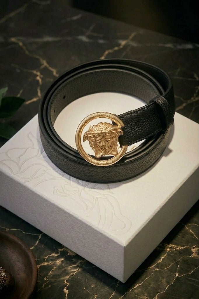Versace Medusa Head Leather Belt – Black & Gold