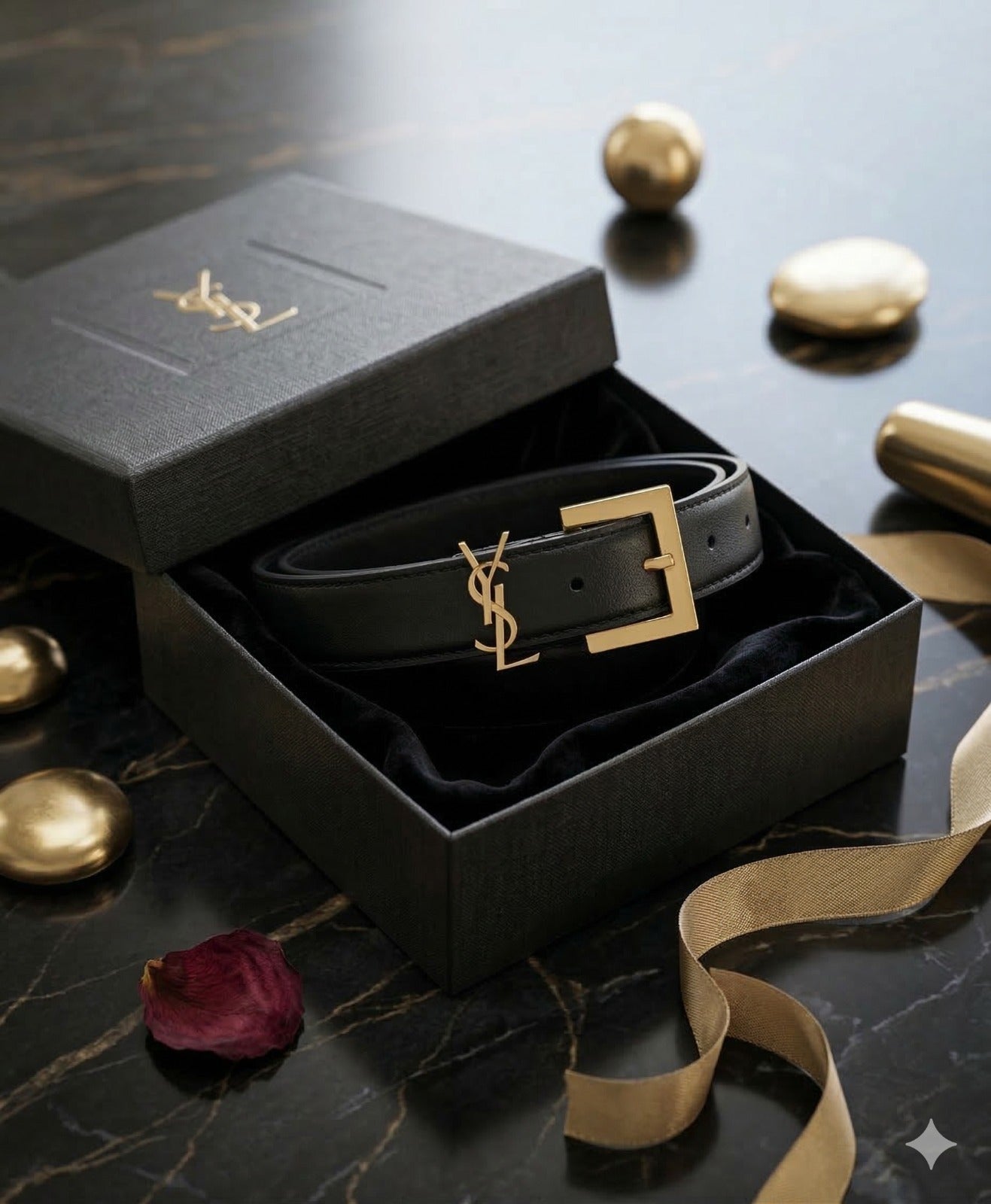 Saint Laurent YSL Cassandre Leather Belt – Black & Gold