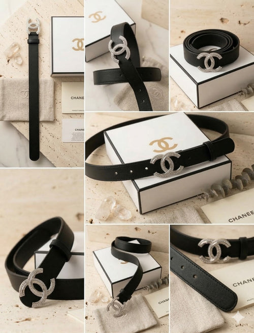 Chanel Crystal CC Buckle Belt – Grained Calfskin | Black & Silver