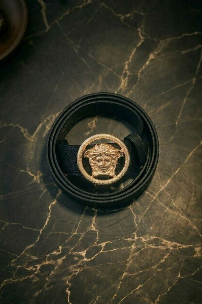 Versace Medusa Head Leather Belt – Black & Gold