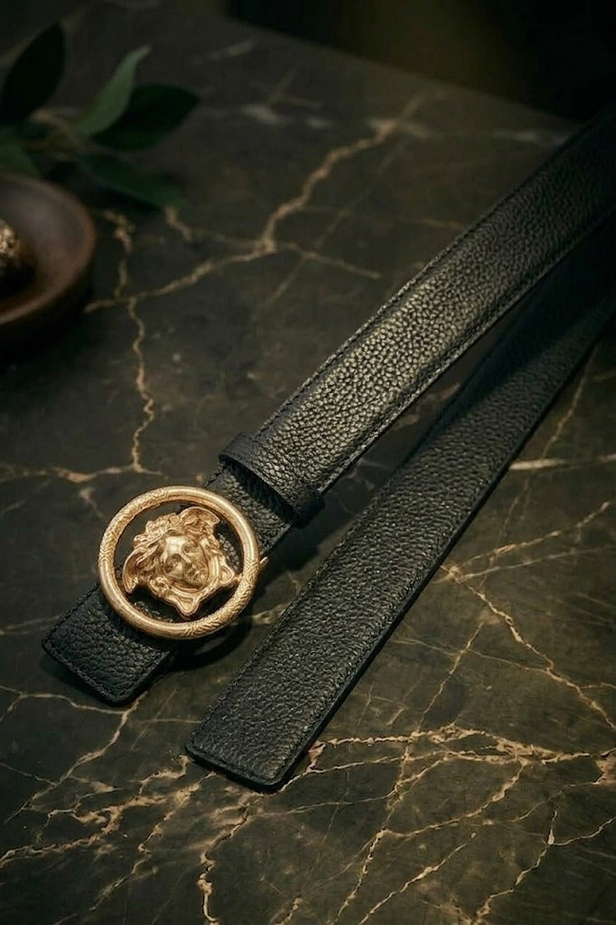 Versace Medusa Head Leather Belt – Black & Gold