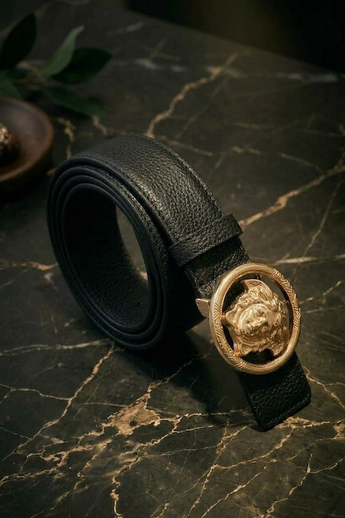 Versace Medusa Head Leather Belt – Black & Gold