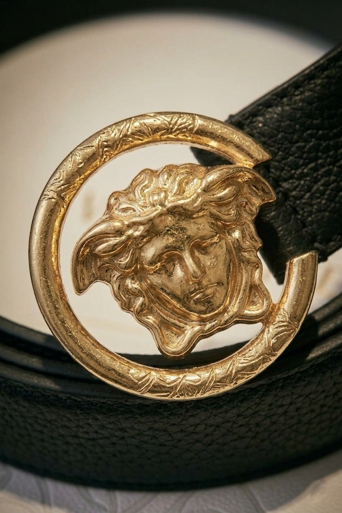 Versace Medusa Head Leather Belt – Black & Gold
