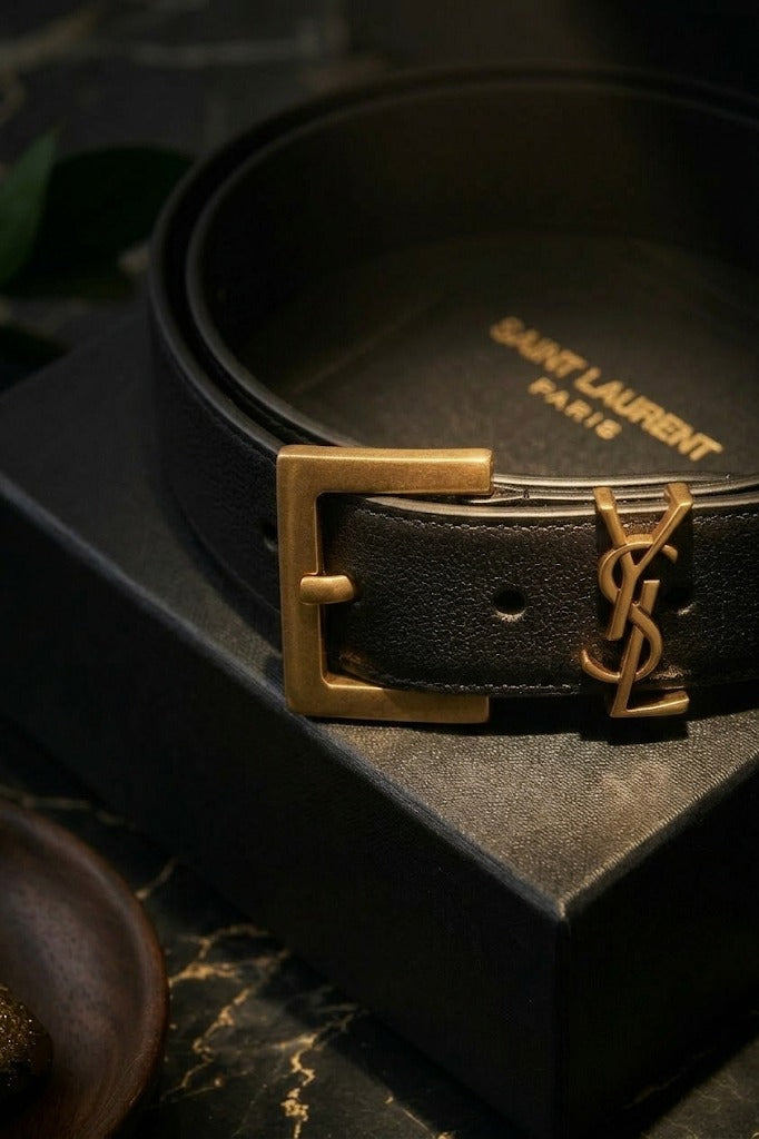 Saint Laurent YSL Cassandre Leather Belt – Black & Gold