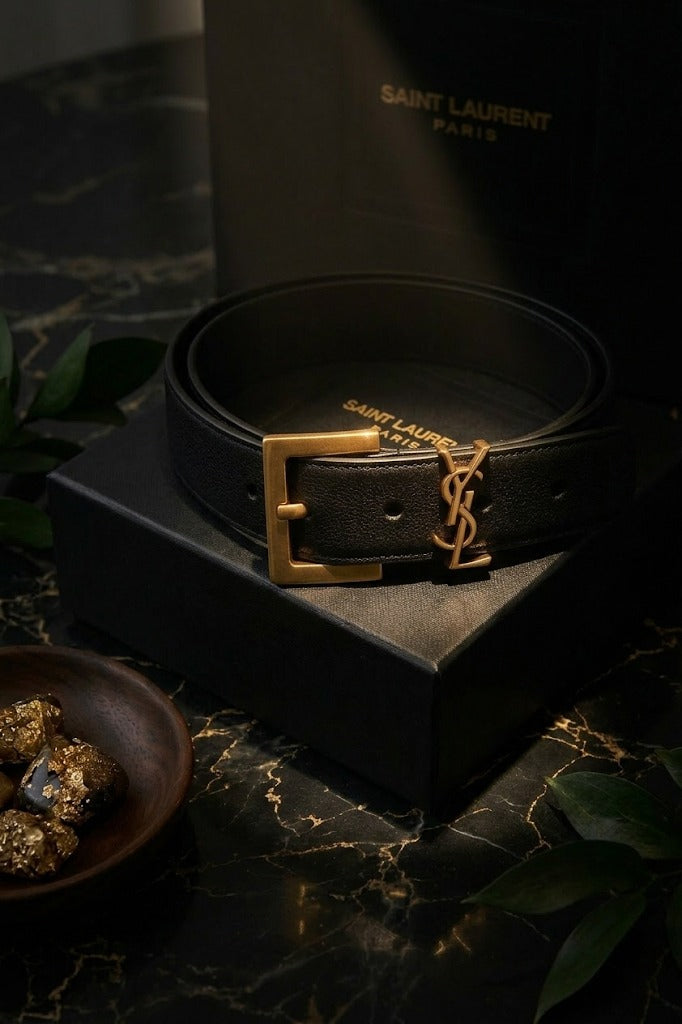 Saint Laurent YSL Cassandre Leather Belt – Black & Gold