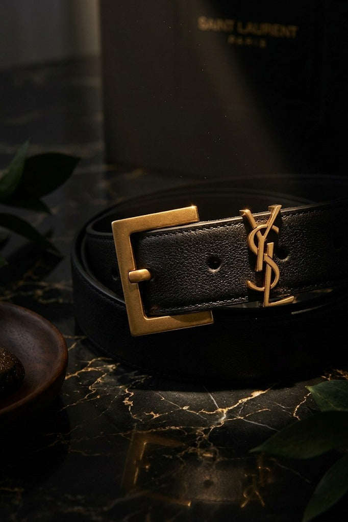 Saint Laurent YSL Cassandre Leather Belt – Black & Gold