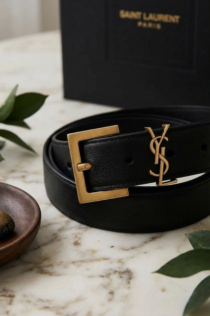 Saint Laurent YSL Cassandre Leather Belt – Black & Gold