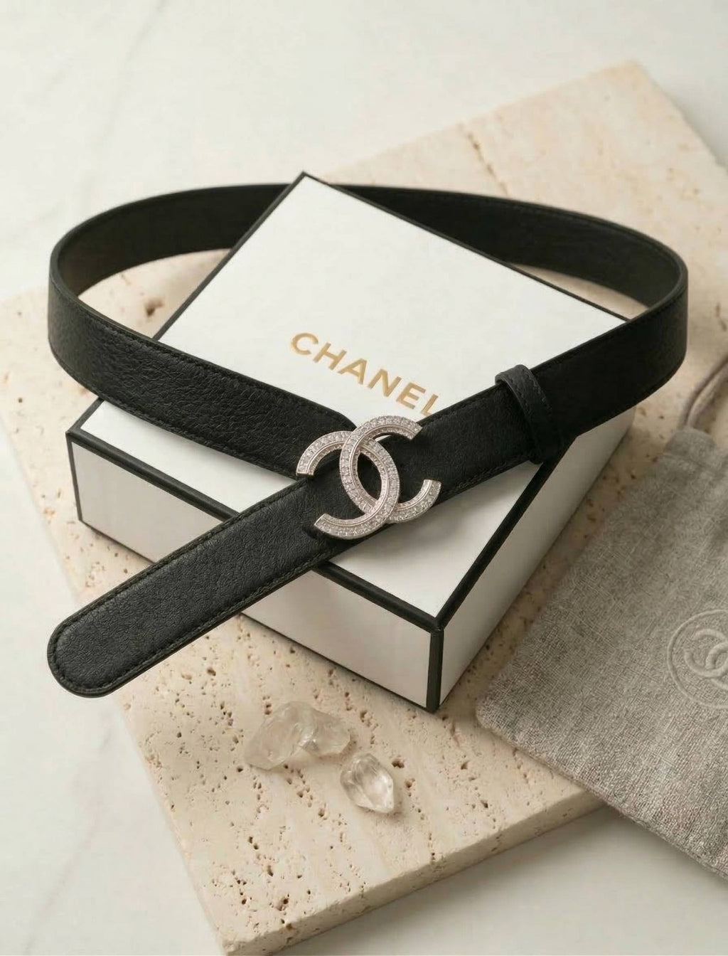 Chanel Crystal CC Buckle Belt – Grained Calfskin | Black & Silver