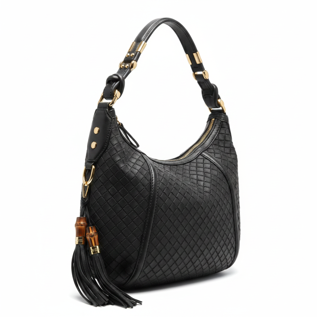 Black Woven Hobo Bag - 45° Angle
